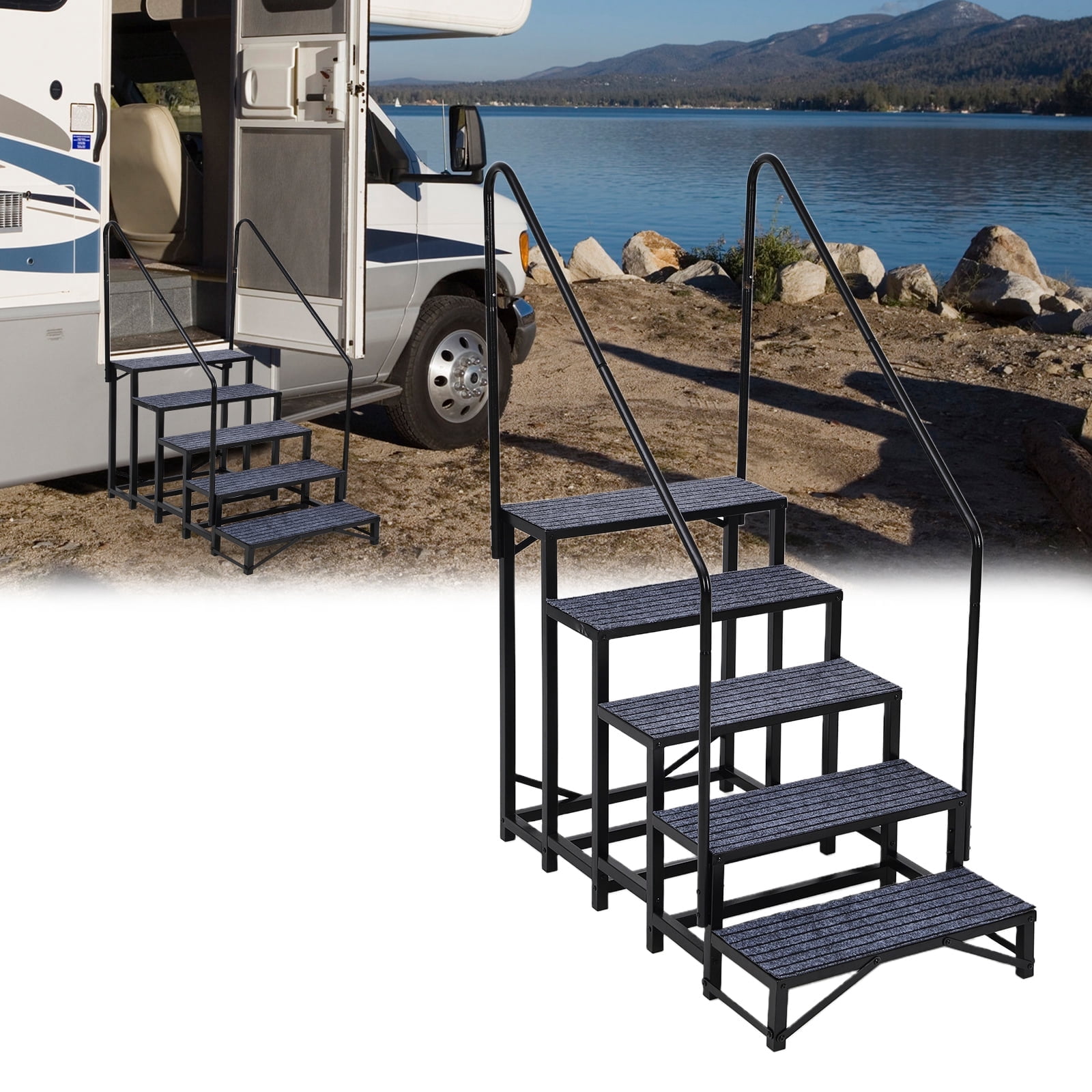 Portable Foldable Rv Steps Garvee Portable 5-Step RV Stairs with Handrails in Black, Non-Slip Step ...