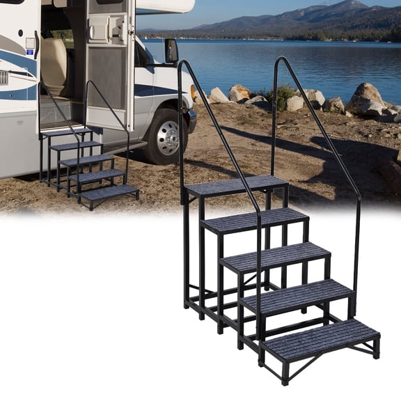 Garvee Portable 5-Step RV Stairs with Handrails in Black, Non-Slip Step Ladder for Travel Trailers, Campers, Hot Tubs and Poolside Use