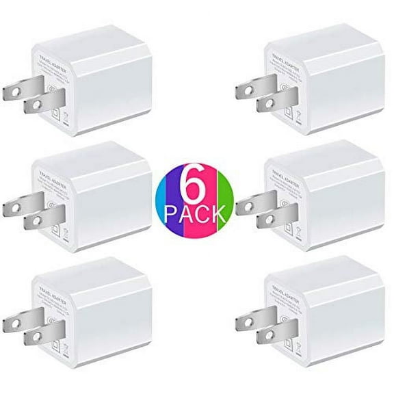 Portable 5V USB Charger [6-Pack] USB Wall Charger for , Rapid 1.0A Output Compatible for Google Pixel Nexus HTC LG Nokia- White (Family Bundle)