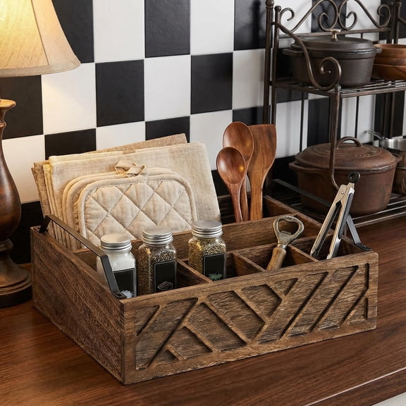 Portable 6-Compartment Kitchen Paper Plate Dispenser & Utensil Holder with Handles, Farmhouse Style Wooden Organizer for Disposable Plates, Forks, Knives, Spoons, Napkins, Cups & Straws