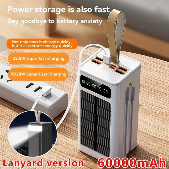 Portable 60000mAh Solar Power Bank with PD 22.5W Fast Charging, Multiple Outputs, Flashlight for Outdoor Camping Emergency Power Supply