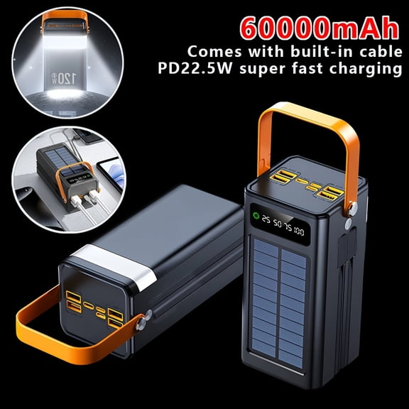 60000mAh Solar Power Bank PD22.5W Fast Charger with Multi Ports Flashlight Outdoor Camping Emergency Charger Gift
