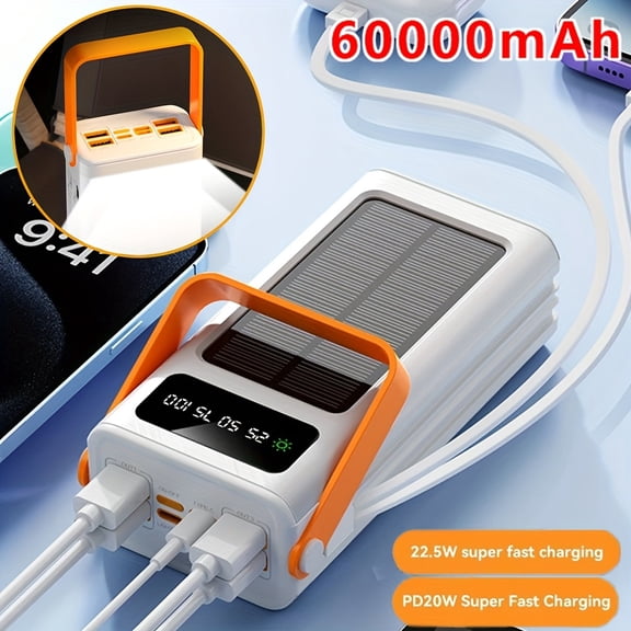 Portable 60000mAh Solar Power Bank with PD 22.5W Fast Charging, Multiple Outputs, Flashlight for Outdoor Camping Emergency Power Supply