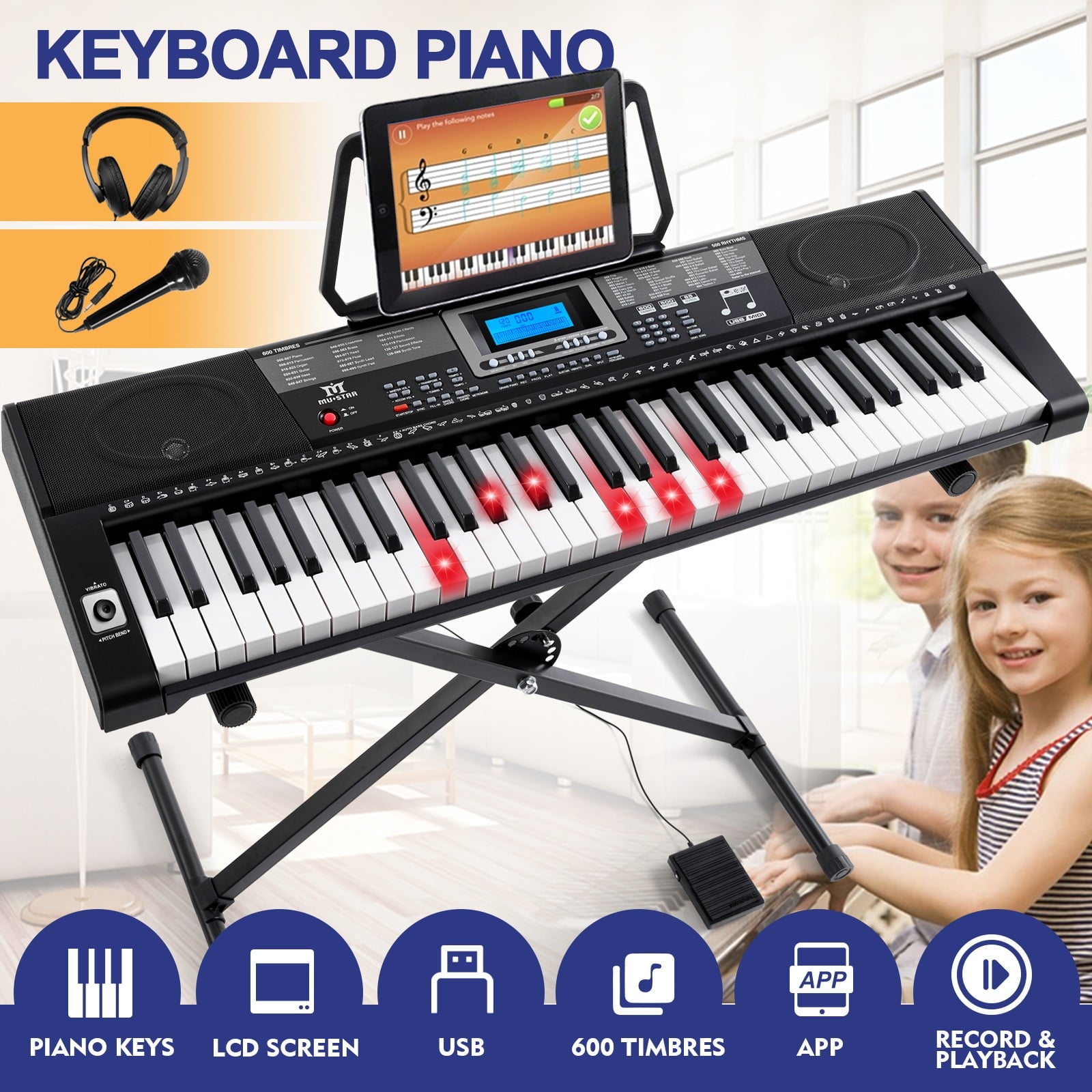 Portable 61 Keys Lighted Up Electric Piano Keyboards Set for Beginner with USB MIDI,Sustain Pedal,Stand,Headphone,Microphone(Black)