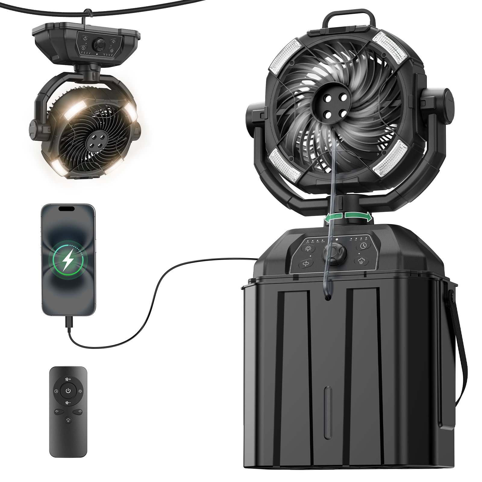Kfonla Outdoor Misting Fan for Patio Cooling with Remote & LED Light, 20000mAh Battery Powered Outdoor Fans for Patio, Outdoor Fan with 6L Water Bucket, 4 Speeds & Spray