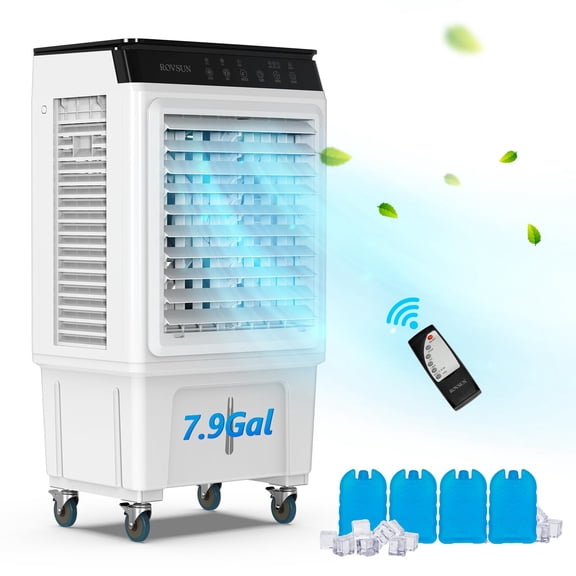 Portable 7.9Gal Swamp Cooler 2300CFM, Evaporative Air Cooler with Remote, Auto Oscillating, 3 Speed Modes, 12H Timer, 4 Ice Packs, for Indoor Outdoor Spaces, White Grey