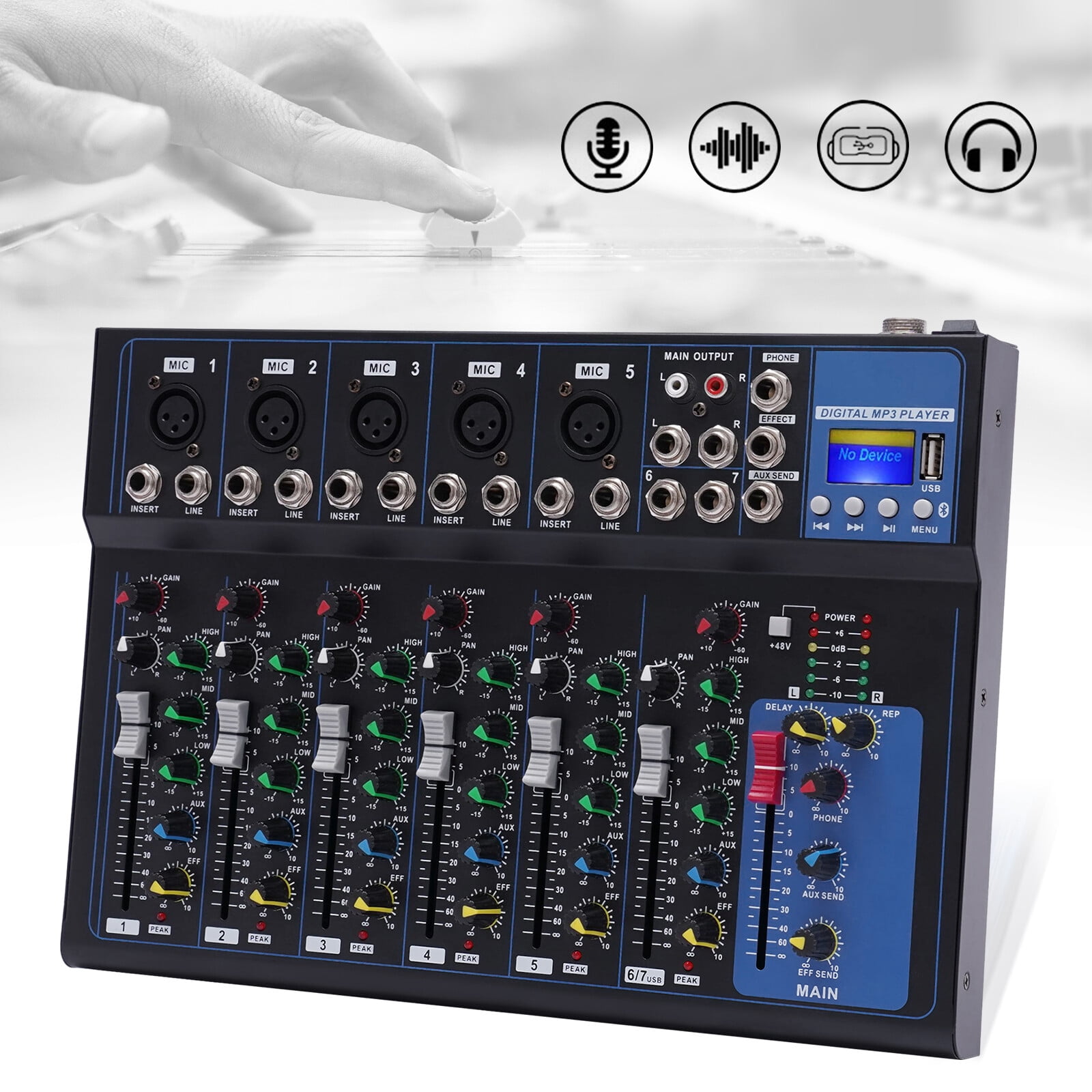 Portable 7-Channel Bluetooth Audio Mixer USB DJ Sound Mixing Console Board