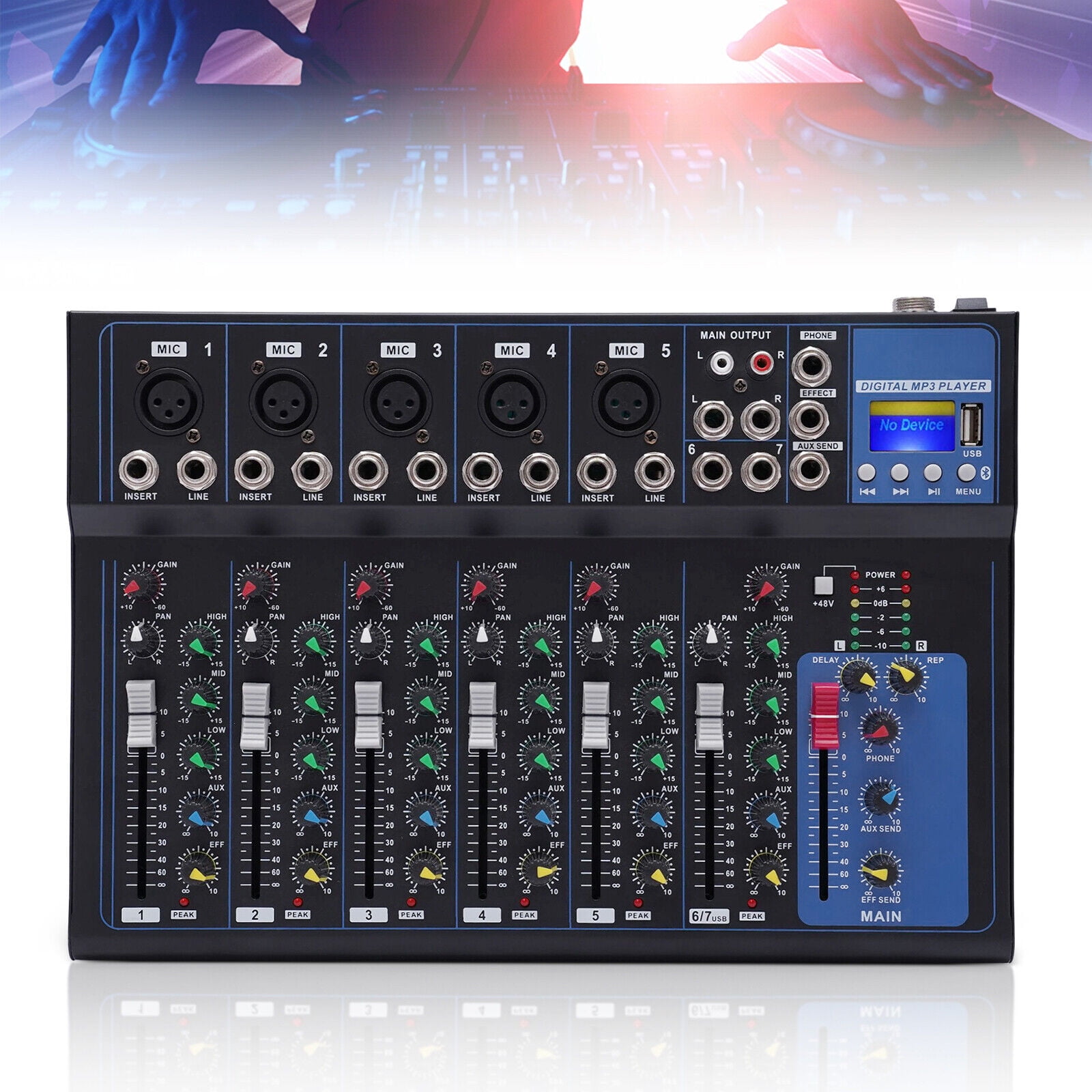 Portable 7 Channel Mixer W/USB DJ Sound Mixing Console MP3 Jack 48V