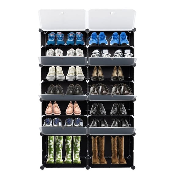 Portable 7-Tier Shoe Rack Organizer, 14-Grid 28-Pair Dustproof Shoe Cabinet Tower for Boots, Heels & Everyday Footwear Black