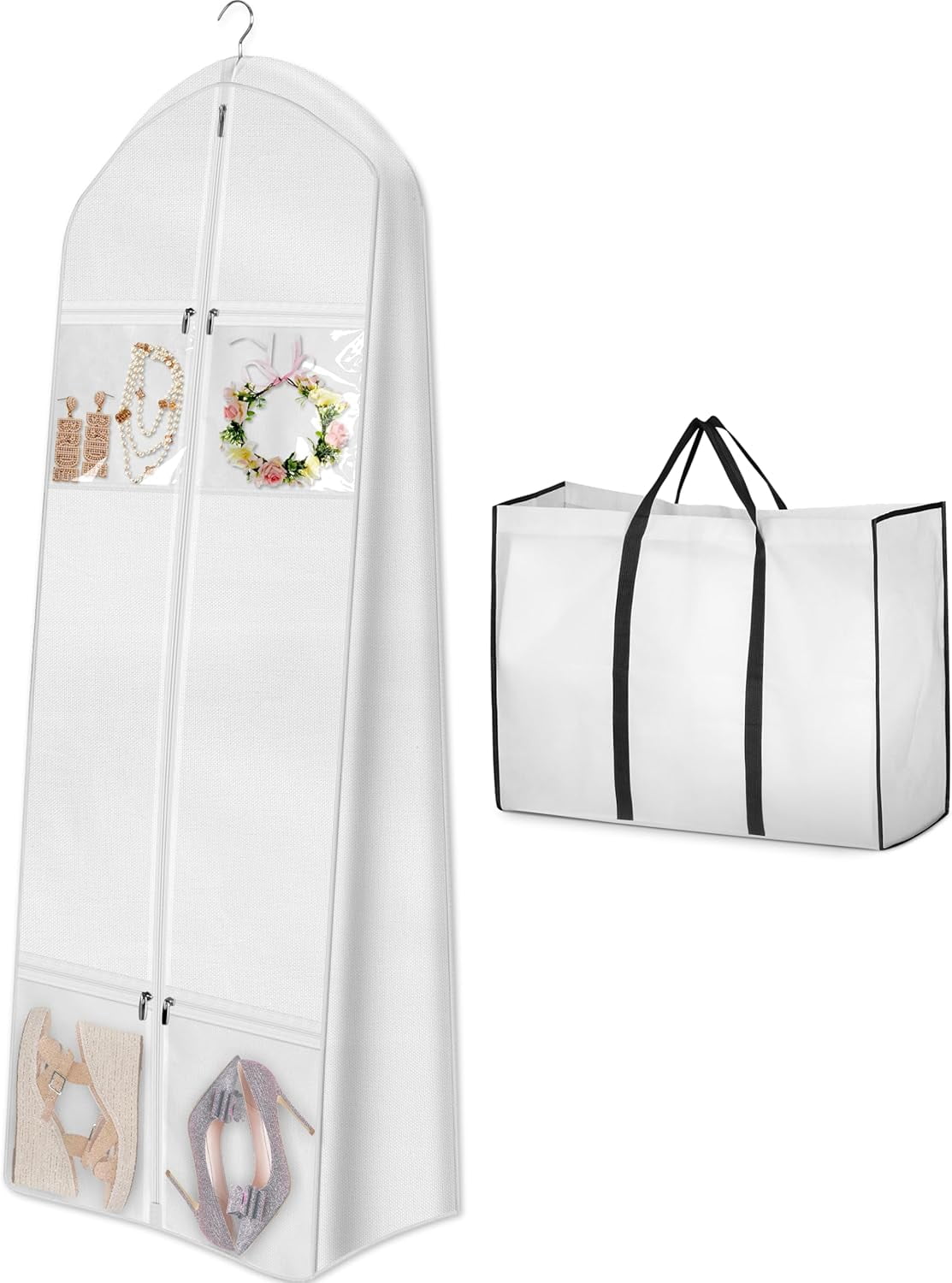 Portable 70" Wedding Dress Garment Bag with Bride Tote Bag 8'' Gusseted Dress Bags for Gowns Long 4 Pockets Dress Cover for Women, White