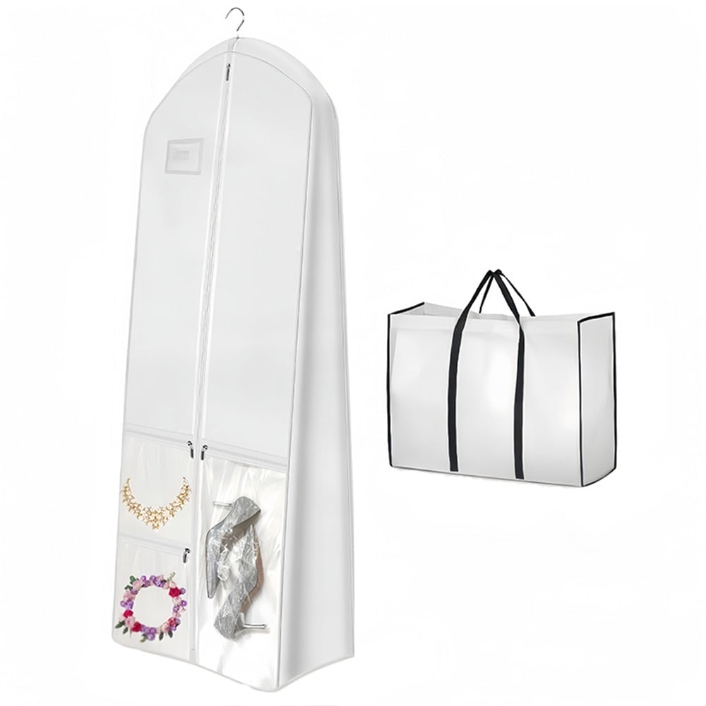 Portable 70" Wedding Dress Garment Bag with Bride Tote Bag 8'' Gusseted Dress Bags for Gowns Long Dress Cover for Women, White