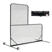 Portable 7x7ft L-Screen Baseball Pitching Net with Wheels, Double-Layer Protective Net, and Carry Bag, 3.5x3.5in Cutout for Back Drive Protection