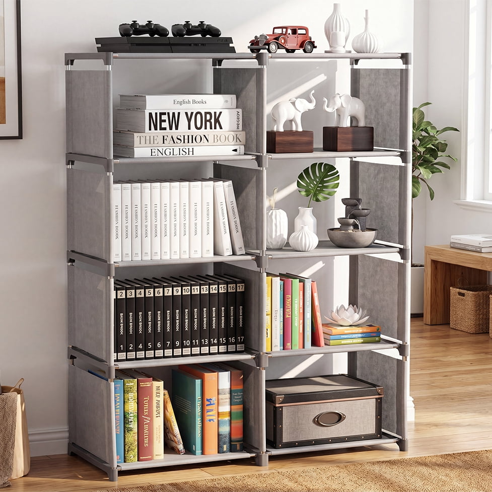 HONEIER Bookshelf, 8-Cube Storage Organizer, 5-Tier Open Bookcase for Bedroom Living Room Office, Gray