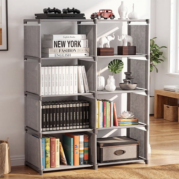 HONEIER Bookshelf, 8-Cube Storage Organizer, 5-Tier Open Bookcase for Bedroom Living Room Office, Gray