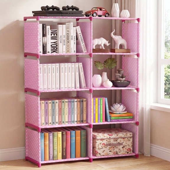 HONEIER Bookshelf, 8-Cube Storage Organizer, 5-Tier Open Bookcase for Bedroom Living Room Office, Pink