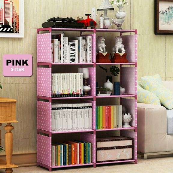 Portable 8-Cube Bookcase Adjustable Bookshelf Organizer Shelf Unit Folding Storage Shelves Unit Portable Organizer Bookshelf Shelf Rack Grey Blue Pink
