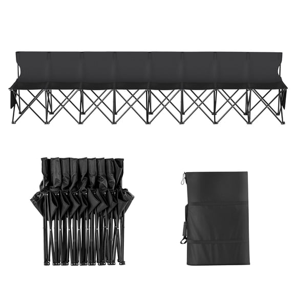 Portable 8 Seat Folding Bench with Backrest Side Pockets and Carry Bag for Soccer Football Baseball Camping Outdoor Events Black