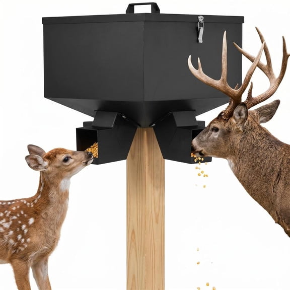 Portable 80LB Gravity Deer Feeder, Heavy Duty Metal Wildlife Feeder with 4 Feeding Ports, Weatherproof for Hunting & Backyard Game