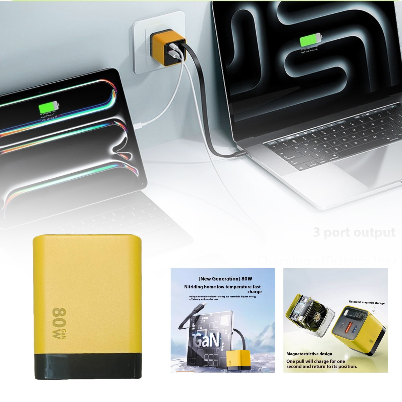 Portable 80W Max GaN Fast Charging Station Foldable Plug Retractable ...