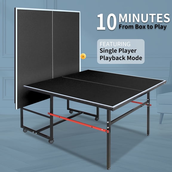 Portable 8ft Mid-Size Table Tennis Table for Indoor Games: Foldable Ping Pong Set with Net, 2 Paddles and 3 Balls, Black MDF