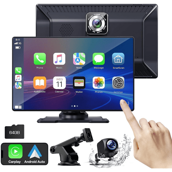 Portable 9'' Touch Screen Android AutoWireless Apple Carplay Screen with 2.5K Dash Cam, 1080p Backup Camera, Loop Recording, GPS Navigation, Bluetooth, Mirror Link, AirPlay