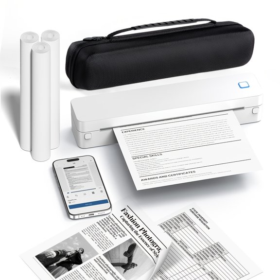 Portable A4 Printer Kit with Carrying Case & 3 Paper Rolls, Wireless Ink-Free Thermal, USB-C Rechargeable for Business/Travel/Office/Home, Smartphone/Tablet Compatible