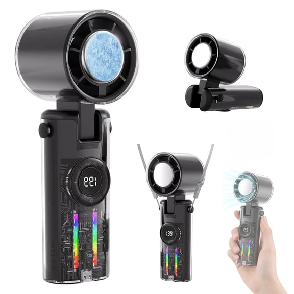 Portable AC Fan with Turbo Ice Cooling, Mini Handheld Personal Fan Rechargeable with Fill Light, 1-199 Speeds,135° Tilt Foldable for Travel, Desk, Outdoor & Makeup