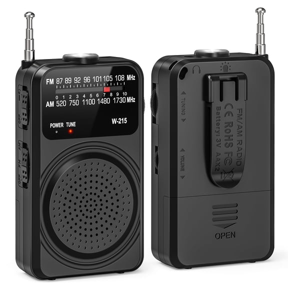 Portable AM FM Pocket Radio with Flashlight, Headphone Jack & Back Clip