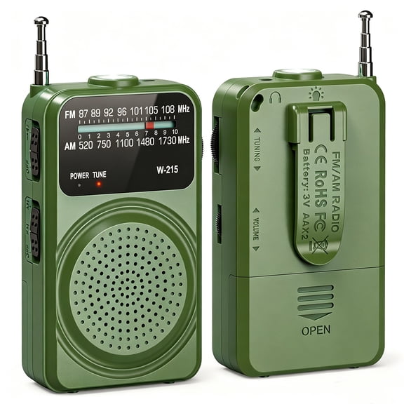 Portable AM FM Pocket Radio with Flashlight, Headphone Jack & Back Clip