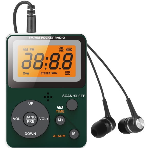 Portable AM FM Radio, Personal Pocket Radio with LCD Screen, Stereo Earphone Jack, Sleep Timer and Alarm Clock for Jogging, Walking