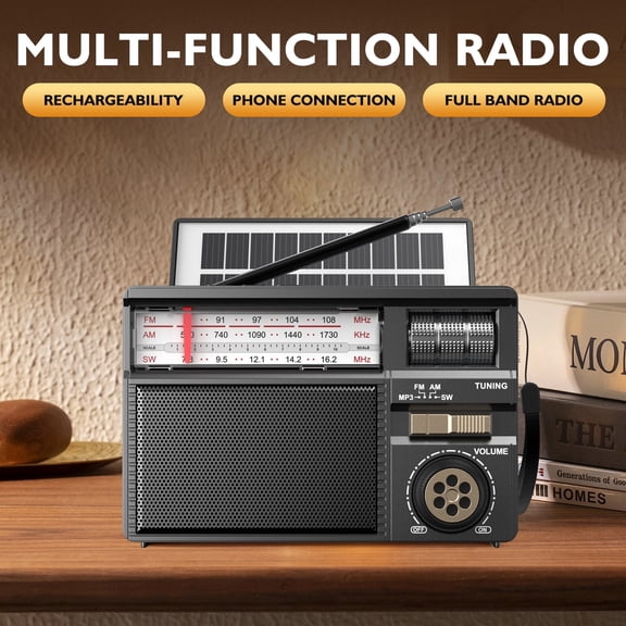 Portable AM FM SW Radio with Reception, Rechargeable & Solar Power, Big Speaker, Large Tuning Knob, for Gift, Elder, Home