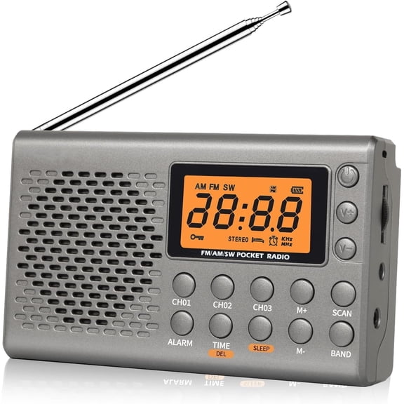 Portable AM/FM/Shortwave Radio, Battery-operated Pocket Radio, Large Digital Display, Clock Radio with Alarm And Sleep Function, Headphones Included, Emergency Use, Gift for Seniors Students