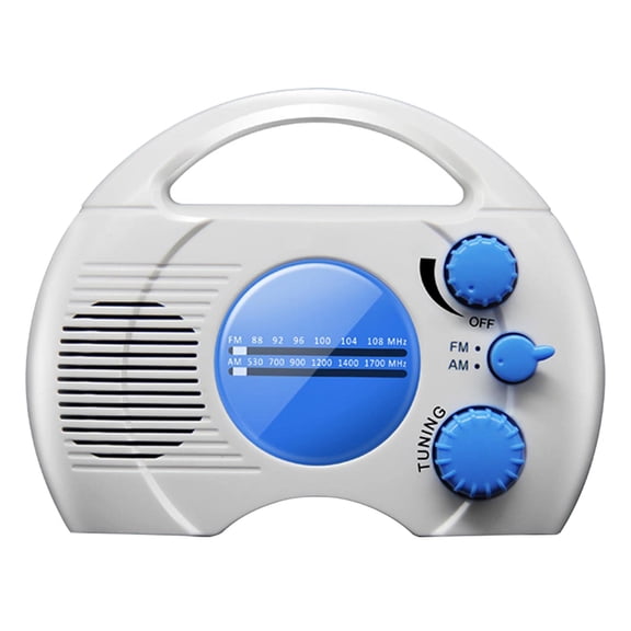 Portable AM/FM Shower Radio, Waterproof Hanging Radio with Built-in Speaker, Adjustable Volume, Battery Operated for Bathroom, Kitchen, Outdoor (Blue+White)
