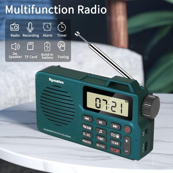 Portable AM/FM radio, digital voice recorder, Bluetooth 5.0, alarm clock and sleep functions, 12/24-hour time display with large digital display