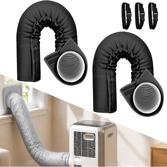 Portable Ac Hose Insulation Sleeve, 4-Layer Aluminum Foil Exhaust Duct Cover for 5 & 5.9 Inch Air Conditioner Hose, Adjustable Straps, Heat Shield Pipe Wrap for Room Rv Garage (Black*2)