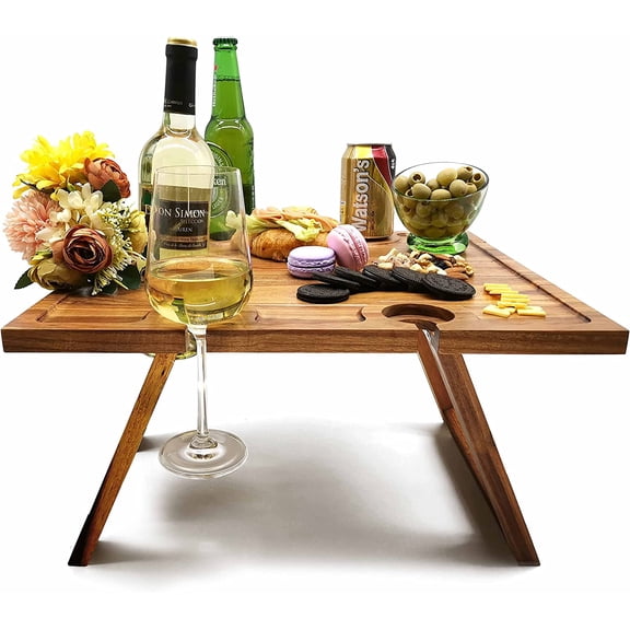 Portable Acacia Wood Picnic Table with Folding Tray and Charcuterie Board Function