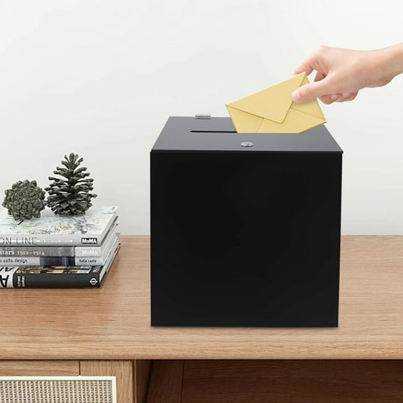 Portable Acrylic Black Donation Box, Suggestion Box with Slot and Lock, 12''x12''x12'' Freestanding Square Tabletop Donation Boxes for Fundraising, Voting, Charity, Ballot
