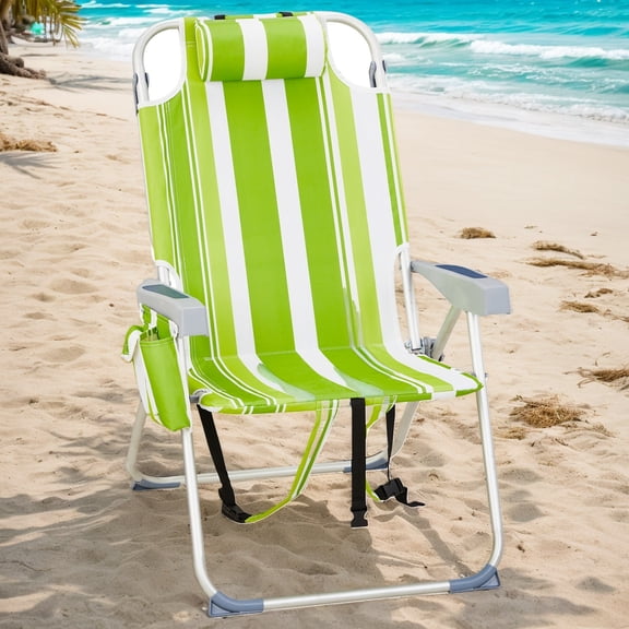 Portable Adjustable 5-Position Lightweight Aluminum Beach Chair with Storage, Green