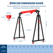 Portable Adjustable Gantry Crane, 2 Ton/4400 lb Heavy-Duty Steel I-Beam A-Frame Hoist, 97-141 in Height 12 Positions, Manual Trolley, Hook & strap Strap - 2t with accessories black + red