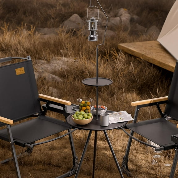 Portable Adjustable Height Camping Table | Double-Layer Design with Light Hook | Outdoor Picnic & Beach Folding Table | Lightweight & Sturdy Steel Frame