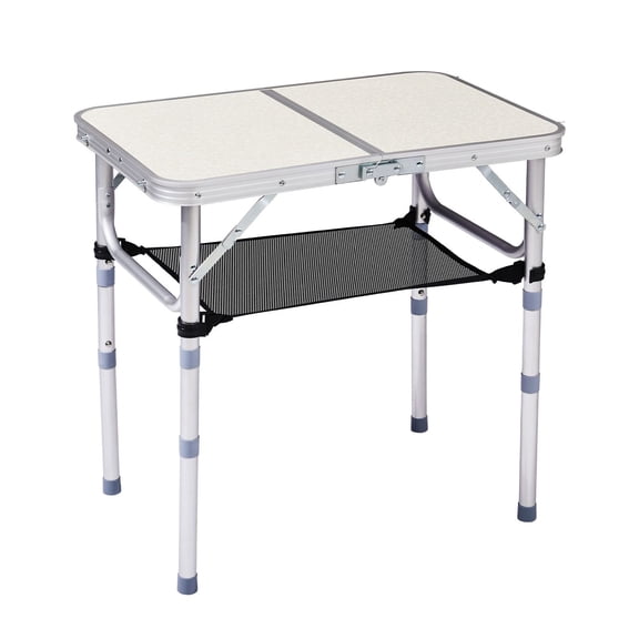 Portable Adjustable Height Folding Table with Mesh Storage Shelf ?Lightweight Aluminum Camping Table, 2 Height Settings, Foldable Outdoor Picnic Table with Carry Handle for Patio, Beach, Camping