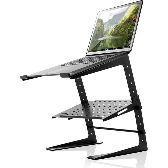 Portable Adjustable Laptop Stand - 6.3 to 10.9 Inch Standing Table Monitor or Computer Desk Workstation Riser with Shelf Storage and Height Alignment for DJ, PC, Gaming, Home Office PLPTS26