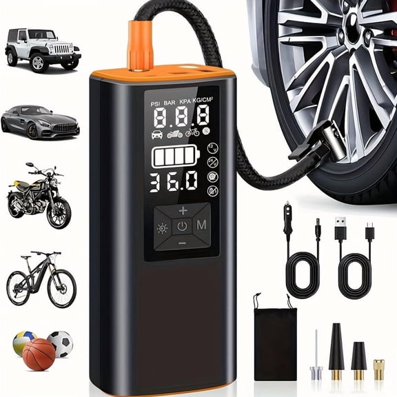 Portable Air Compressor Pump with Digital Display and LED Light, 150 PSI Max Pressure for Car, Motorcycle, E-Bike, and Bicycle Tires, Emergency and Maintenance Tool