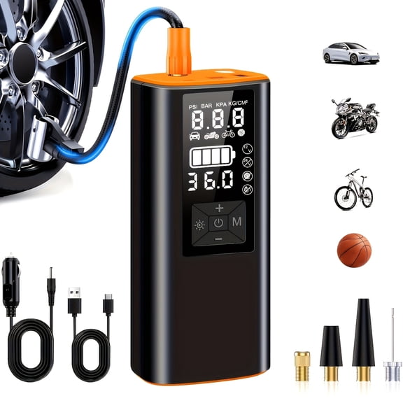Portable Air Compressor Tire Inflator - 150 PSI Gas Pump, Suitable for Cars with Pressure Gauge and LED Light, 3x Faster Inflation Cordless One-Button Smart Tyre Pneumatic Chuck Suitable for Auto