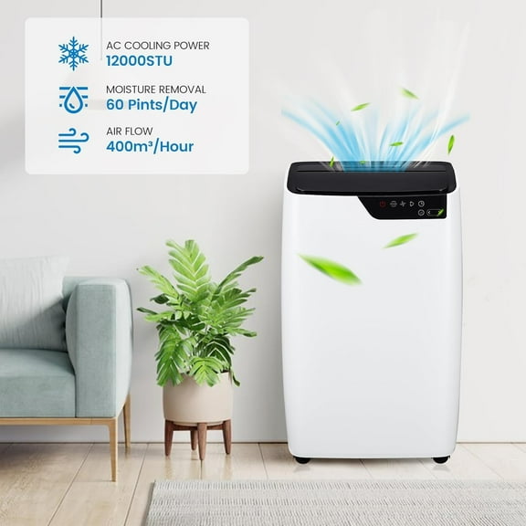 Portable Air Conditioner, 12,000 BTU, 3-In-1 Standing AC Unit with Cooling/Dehumidifier/Fan Modes for 550 Sq Ft, Portable Air Cooler with Remote, 24H Timer for Home, Office and Dorm