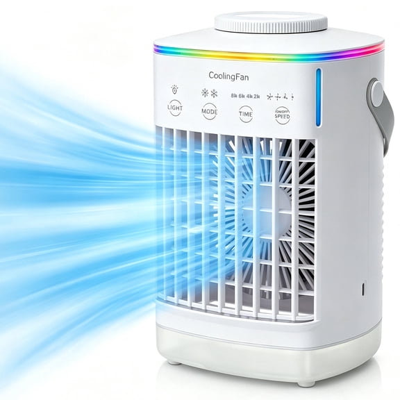 Portable Air Conditioner, Mini Evaporative Air Cooler Personal Desktop Cooling Fan with 4 Speed Modes & 4 Timer Settings and 7 Ambient Light for Home Bedroom Office