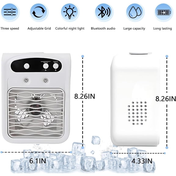 Portable Air Conditioner, 4-in-1 Personal AC with Bluetooth Speaker, 1000ml Tank, 3 Speeds, White