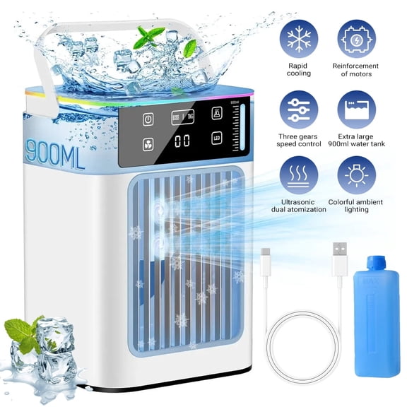 Portable Air Conditioner Fan Dual Mist & Ice Box, 3 Speeds, 900ml Tank, 7-Color Night Light, USB Desktop Cooler for Home Office
