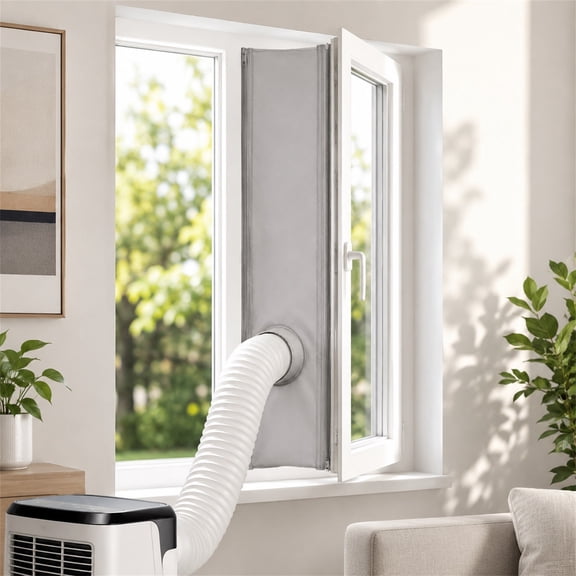 Portable Air Conditioner Window Kit, Adjustable Gray Vent Cloth, Hose Opening, Hook Loop Tape, For Casement Sliding Windows, Easy Install
