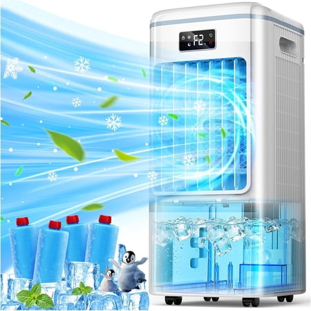 Portable Air Conditioners, Swamp Cooler with 4 Modes 3 Speeds, 4 Ice Packs, Windowless Air Conditioner w/12H Timer, 120?Oscillation, Evaporative Air Cooler Fan for Room Bedroom Office (White)